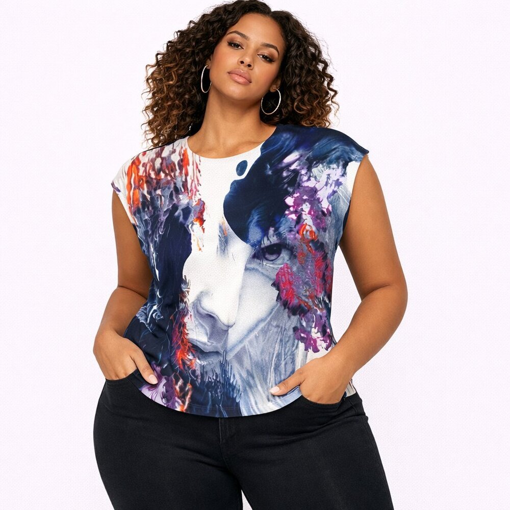 MSGM Abstract Face Graphic Print Cap Sleeve Top XS IT 38 US 2 Designer Blouse
